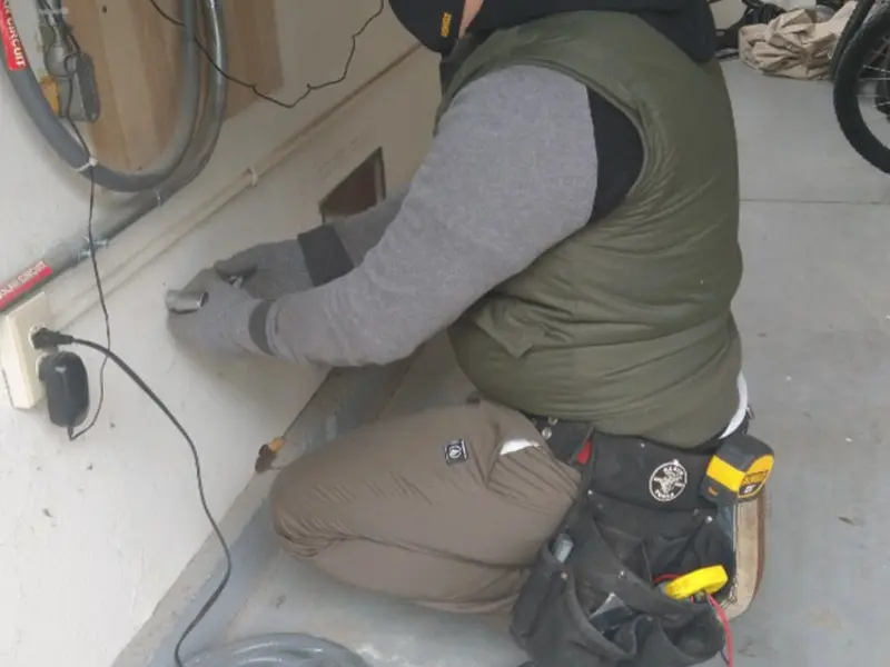 Electrician performing outlet wiring in a Nanticoke garage